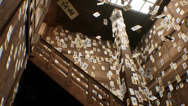 BrokenLore: Don’t Lie — escalera cubierta de papeles