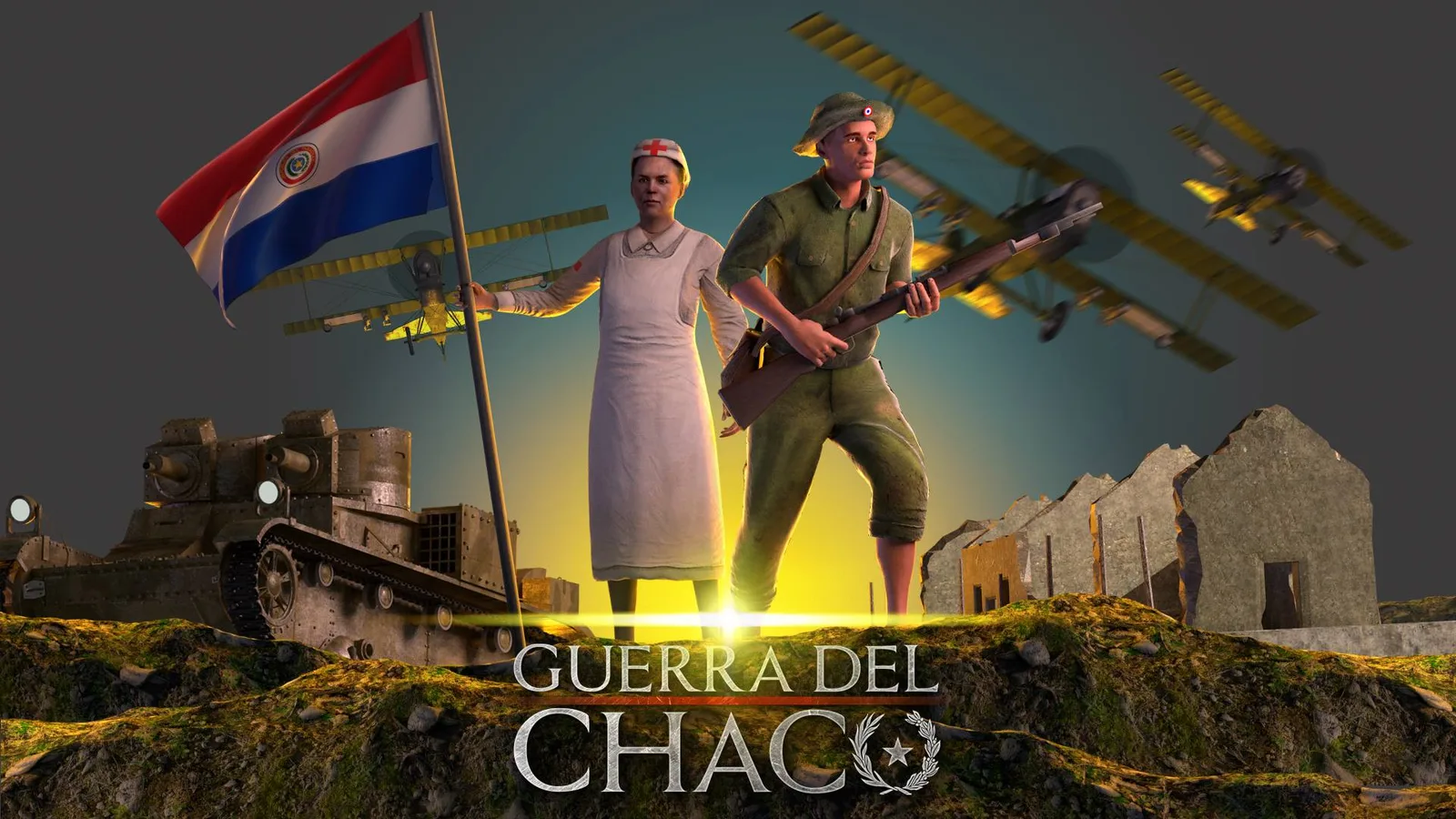 Guerra del Chaco — cartel con el título, soldados y bandera paraguaya